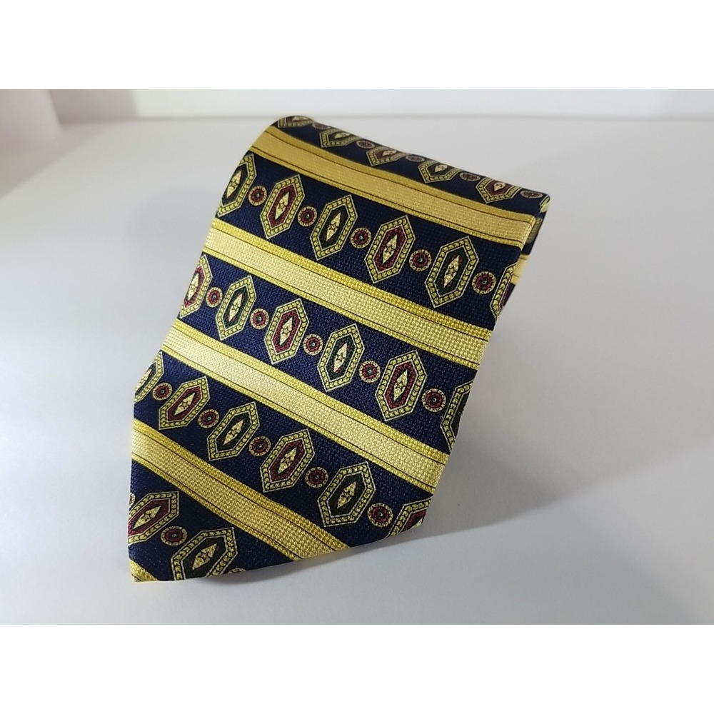 Tommy Hilfiger Mens Silk Tie Geometric Gold Navy Blue 58 x 4 Inches